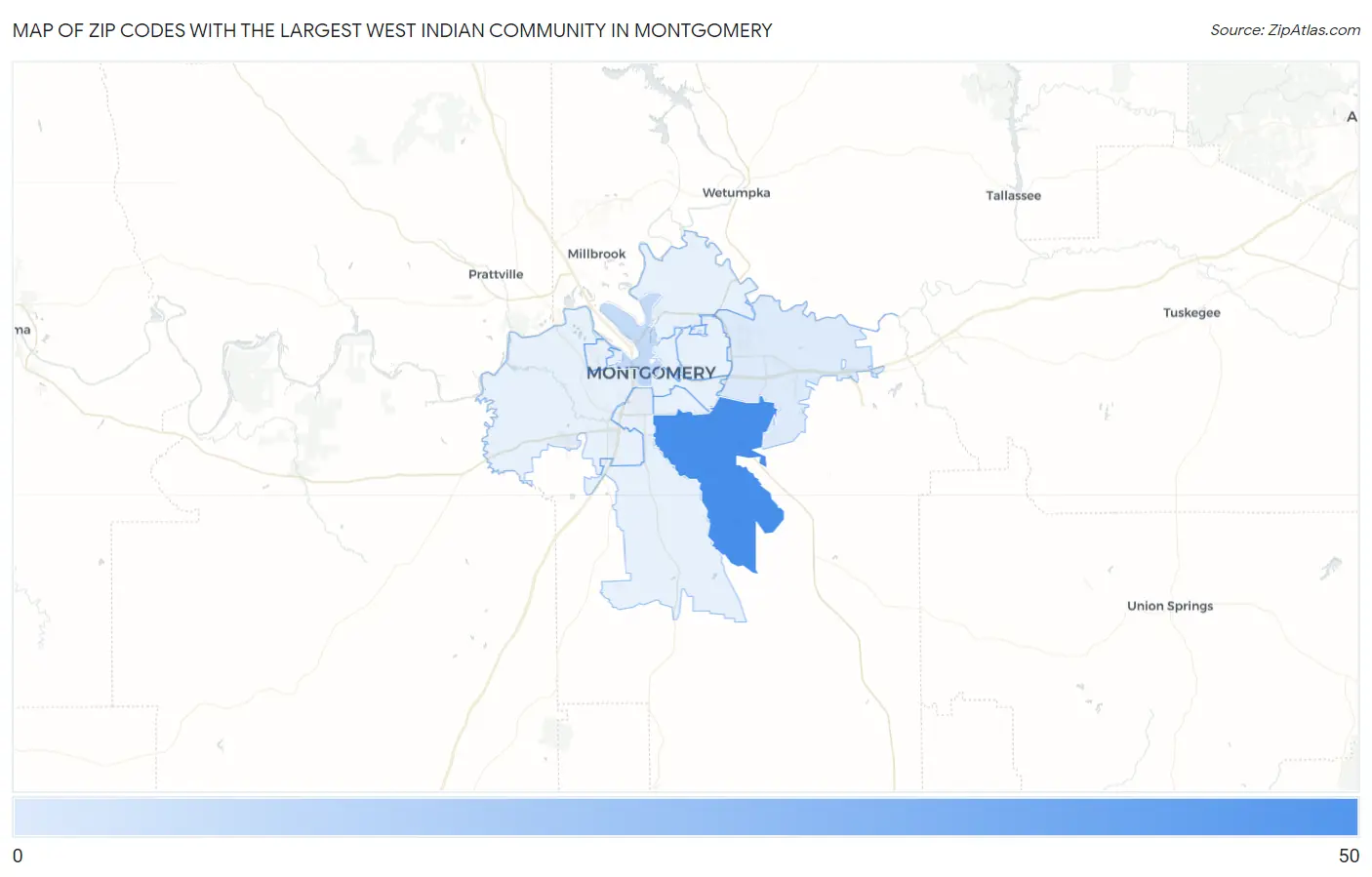 Zip Codes with the Largest West Indian Community in Montgomery Map