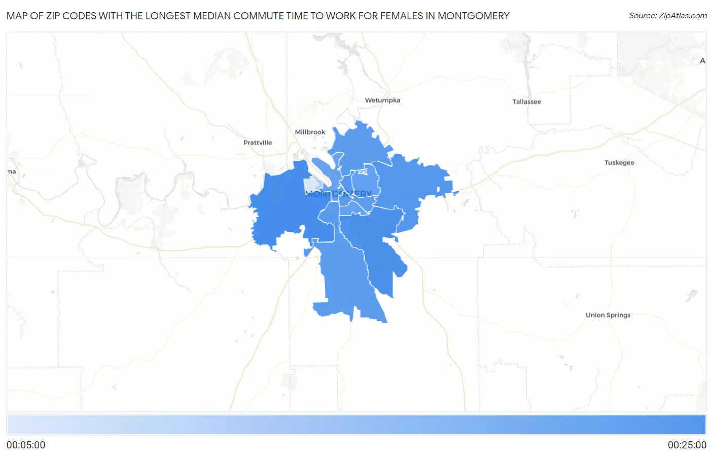 Zip Codes with the Longest Median Commute Time to Work for Females in Montgomery Map