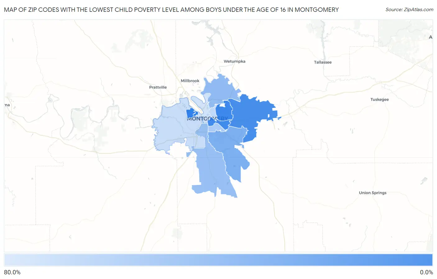 Zip Codes with the Lowest Child Poverty Level Among Boys Under the Age of 16 in Montgomery Map