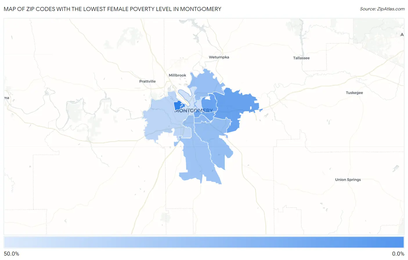 Zip Codes with the Lowest Female Poverty Level in Montgomery Map