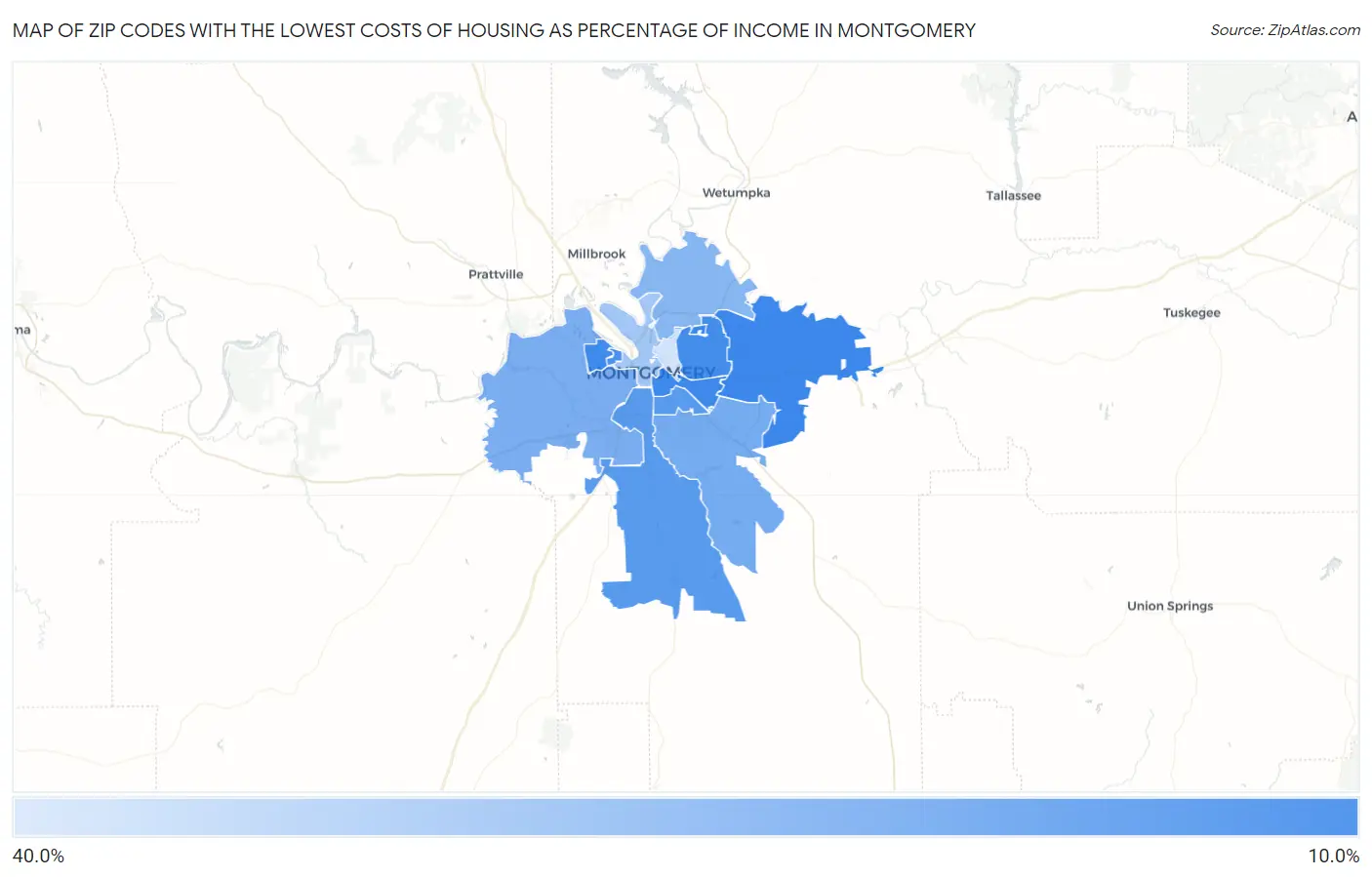 Zip Codes with the Lowest Costs of Housing as Percentage of Income in Montgomery Map
