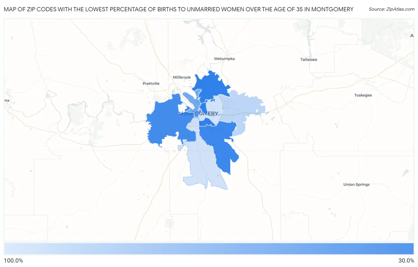 Zip Codes with the Lowest Percentage of Births to Unmarried Women over the Age of 35 in Montgomery Map