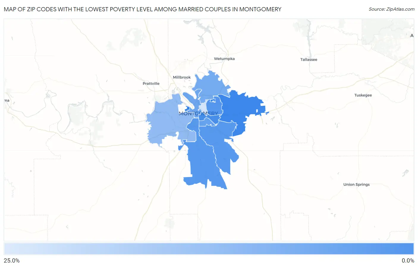 Zip Codes with the Lowest Poverty Level Among Married Couples in Montgomery Map