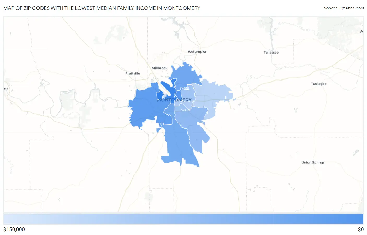 Zip Codes with the Lowest Median Family Income in Montgomery Map