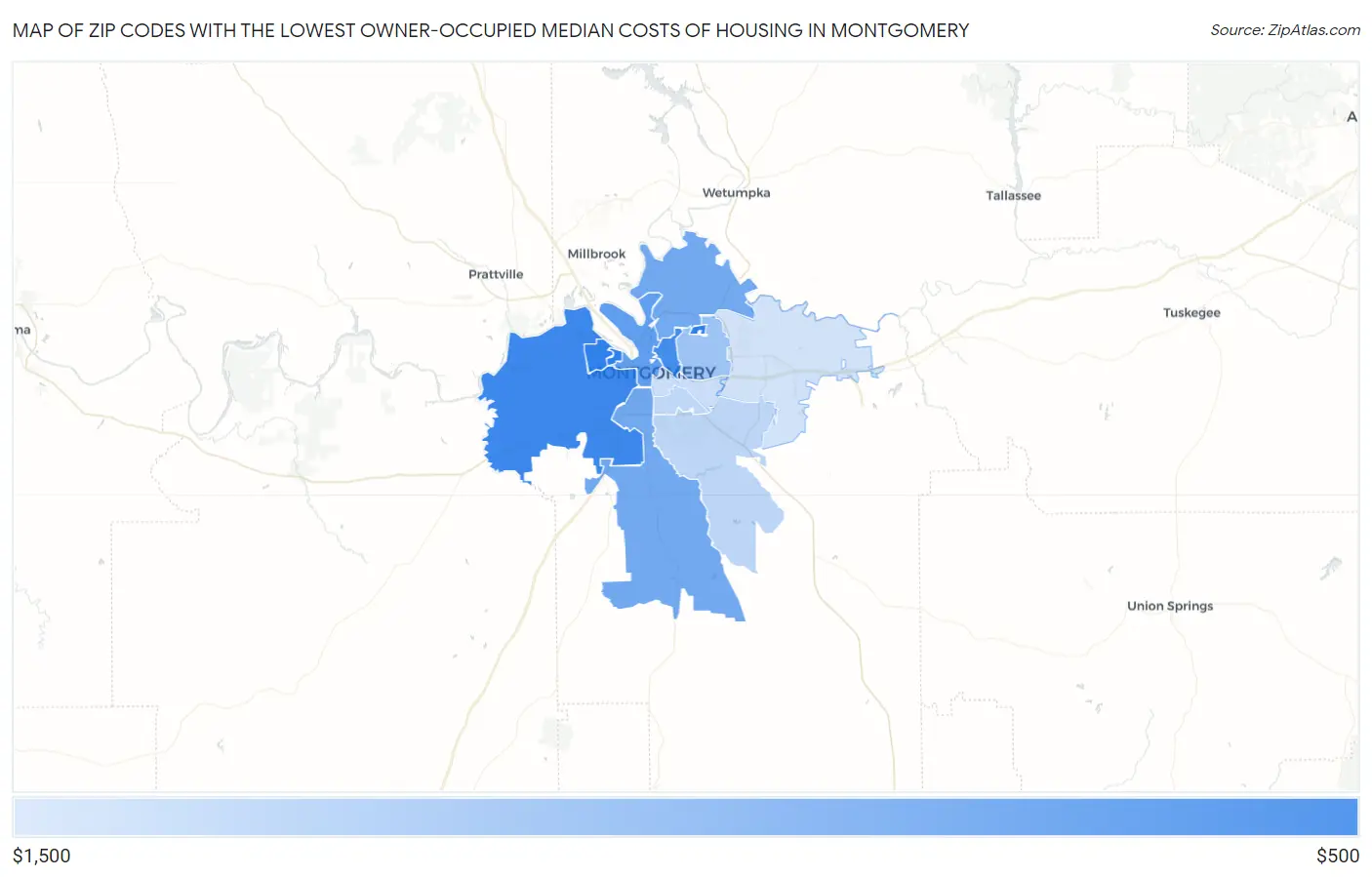 Zip Codes with the Lowest Owner-Occupied Median Costs of Housing in Montgomery Map