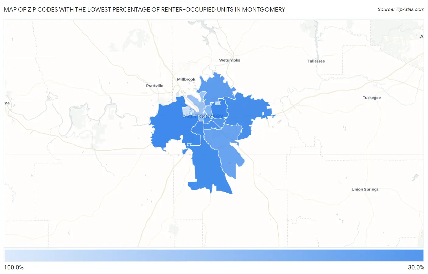 Zip Codes with the Lowest Percentage of Renter-Occupied Units in Montgomery Map