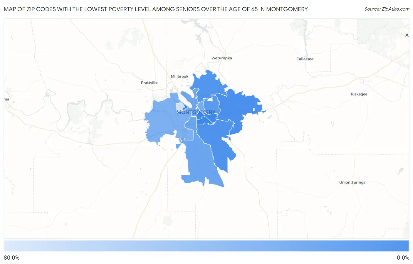 Zip Codes with the Lowest Poverty Level Among Seniors Over the Age of 65 in Montgomery Map