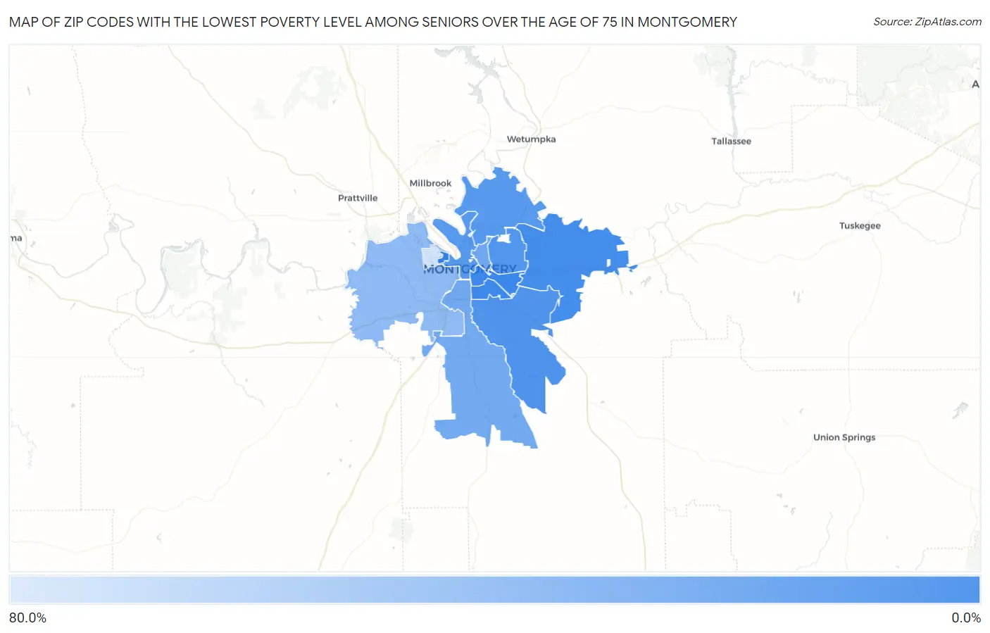 Zip Codes with the Lowest Poverty Level Among Seniors Over the Age of 75 in Montgomery Map