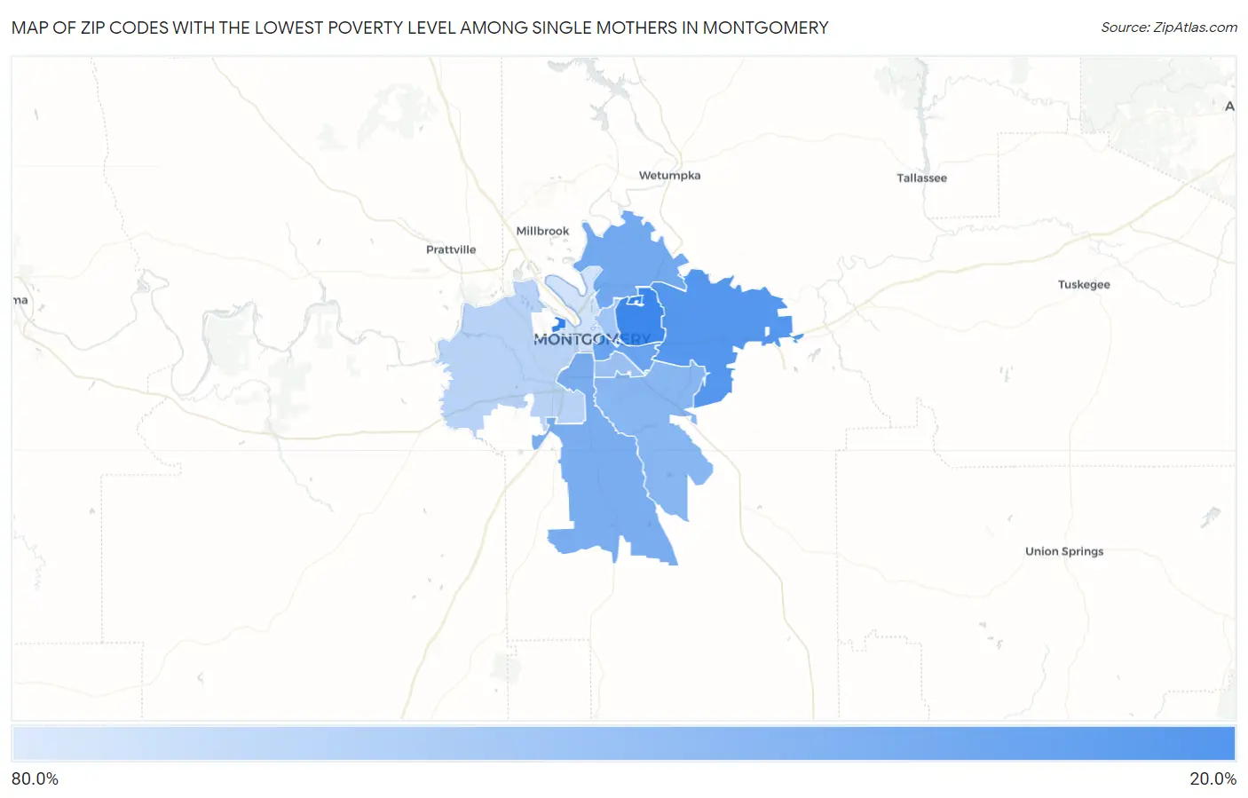 Zip Codes with the Lowest Poverty Level Among Single Mothers in Montgomery Map