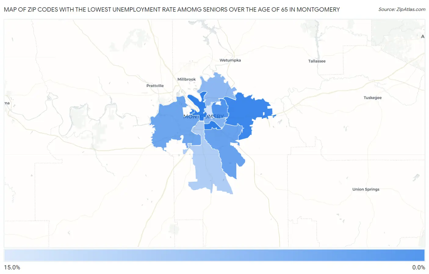Zip Codes with the Lowest Unemployment Rate Amomg Seniors Over the Age of 65 in Montgomery Map