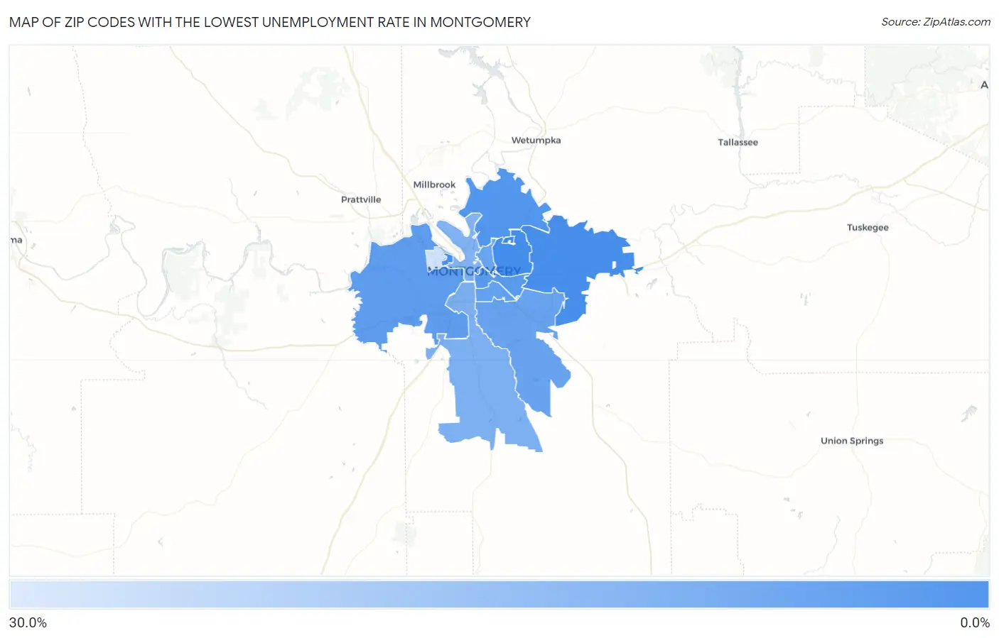 Zip Codes with the Lowest Unemployment Rate in Montgomery Map