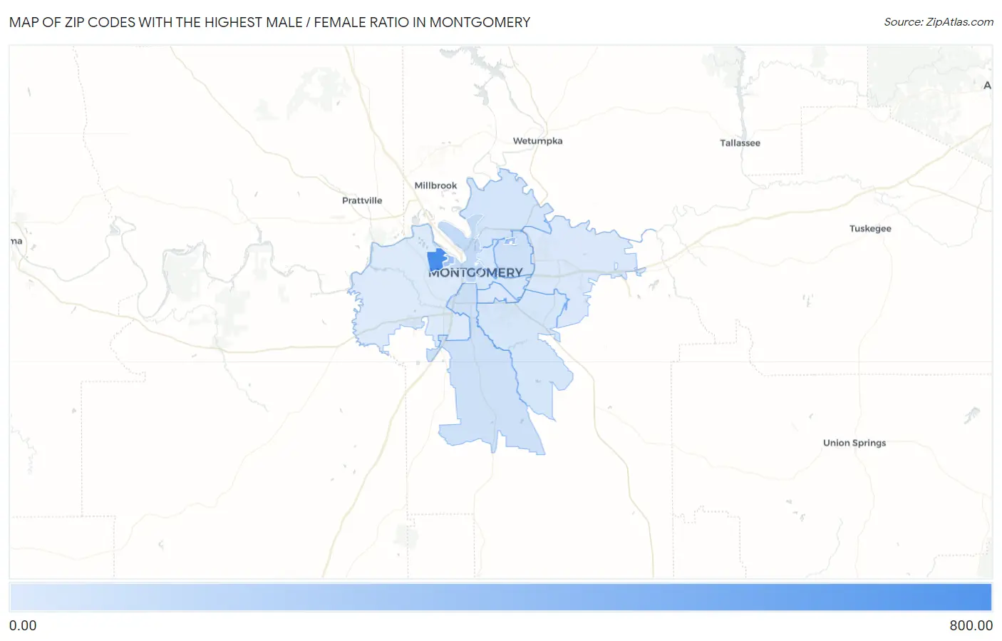 Zip Codes with the Highest Male / Female Ratio in Montgomery Map