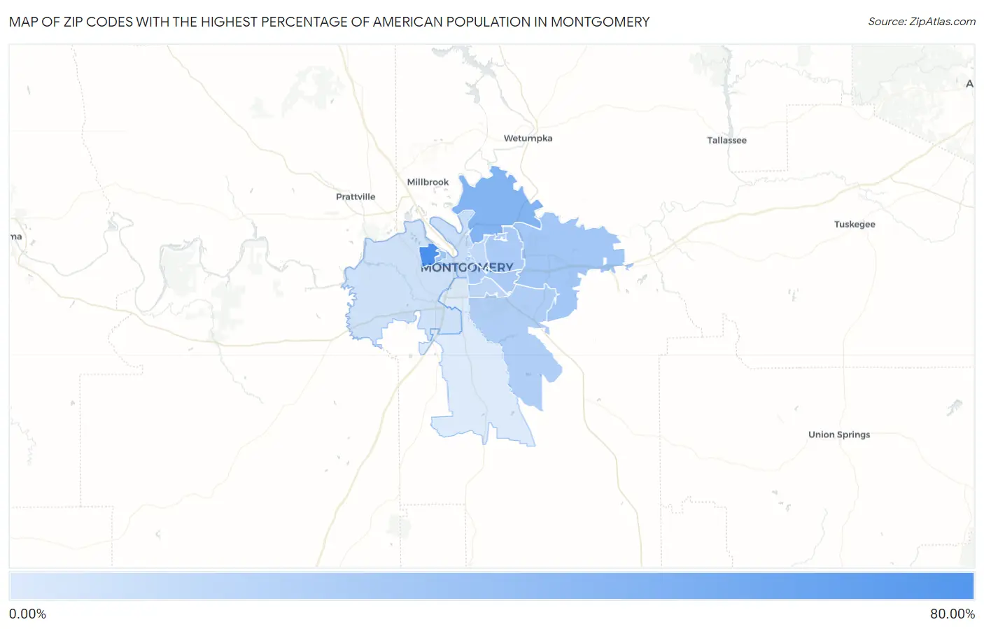 Zip Codes with the Highest Percentage of American Population in Montgomery Map
