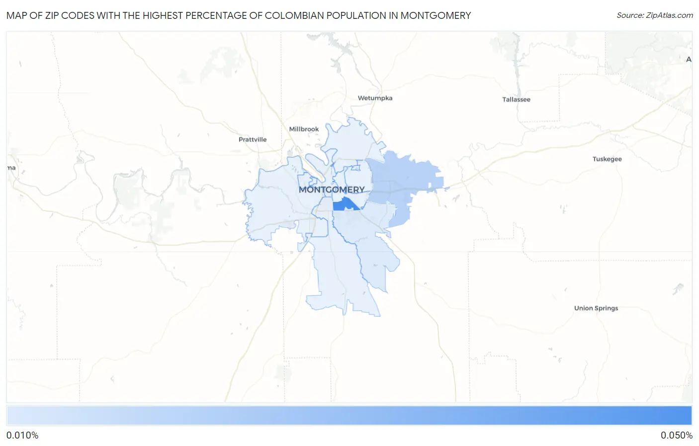 Zip Codes with the Highest Percentage of Colombian Population in Montgomery Map