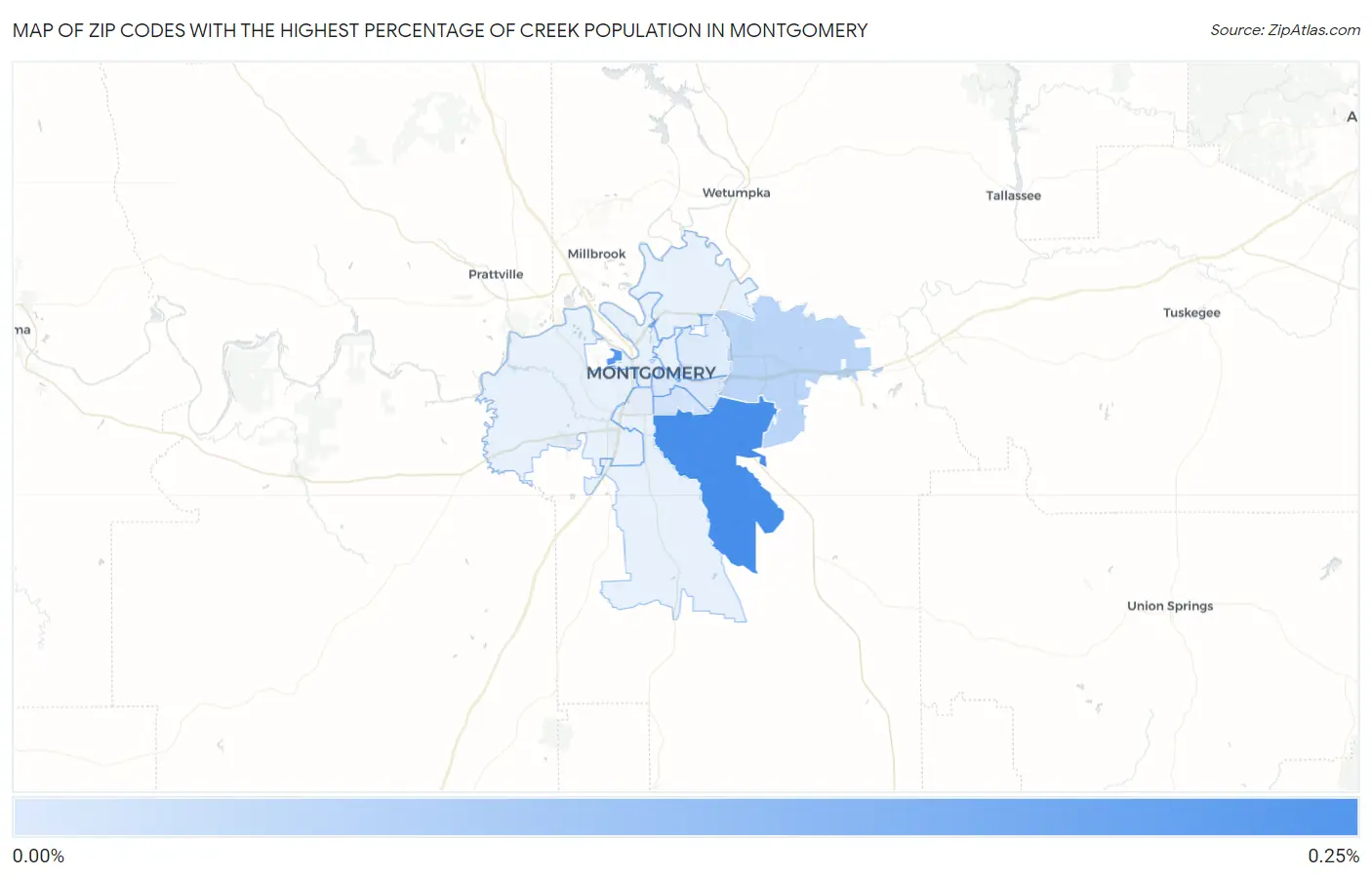Zip Codes with the Highest Percentage of Creek Population in Montgomery Map