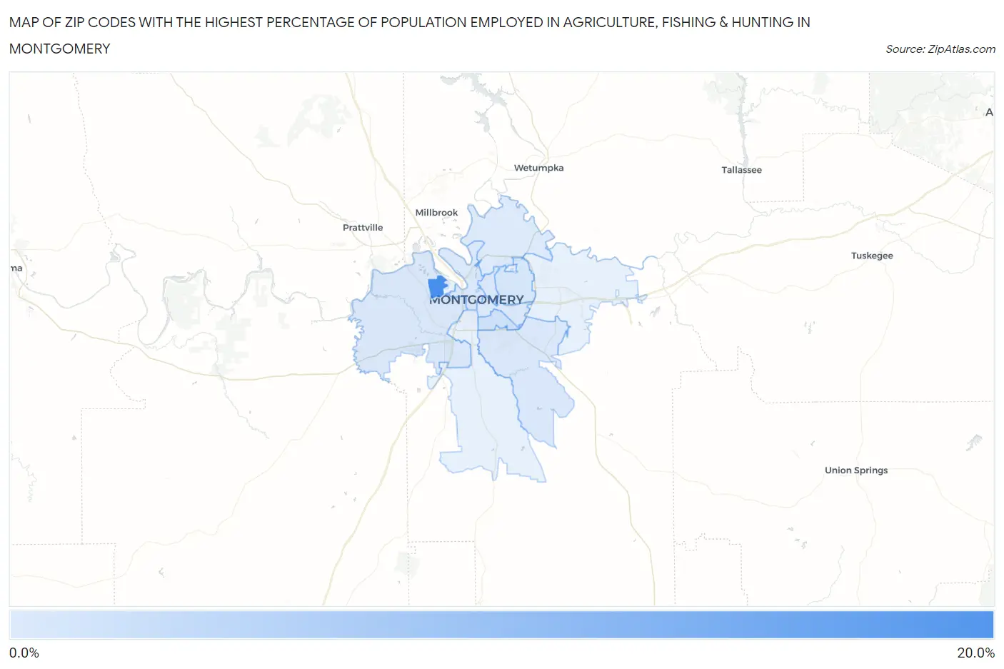 Zip Codes with the Highest Percentage of Population Employed in Agriculture, Fishing & Hunting in Montgomery Map