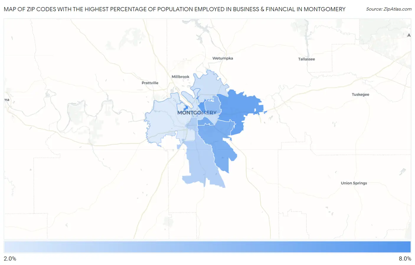 Zip Codes with the Highest Percentage of Population Employed in Business & Financial in Montgomery Map