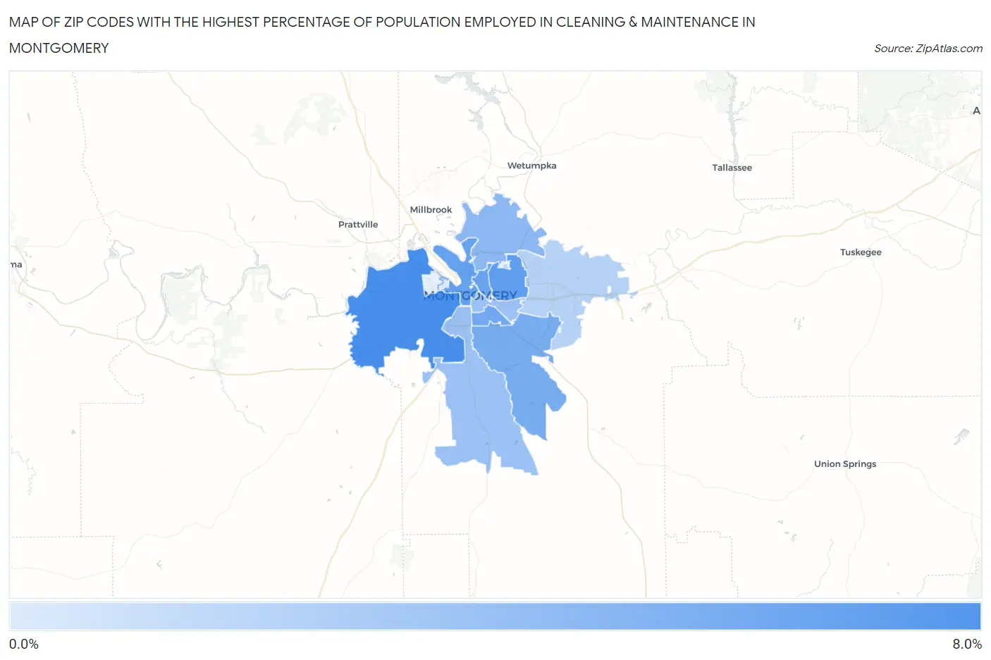 Zip Codes with the Highest Percentage of Population Employed in Cleaning & Maintenance in Montgomery Map