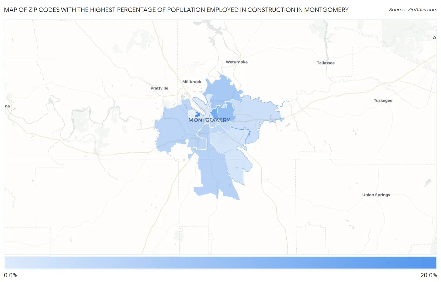 Zip Codes with the Highest Percentage of Population Employed in Construction in Montgomery Map