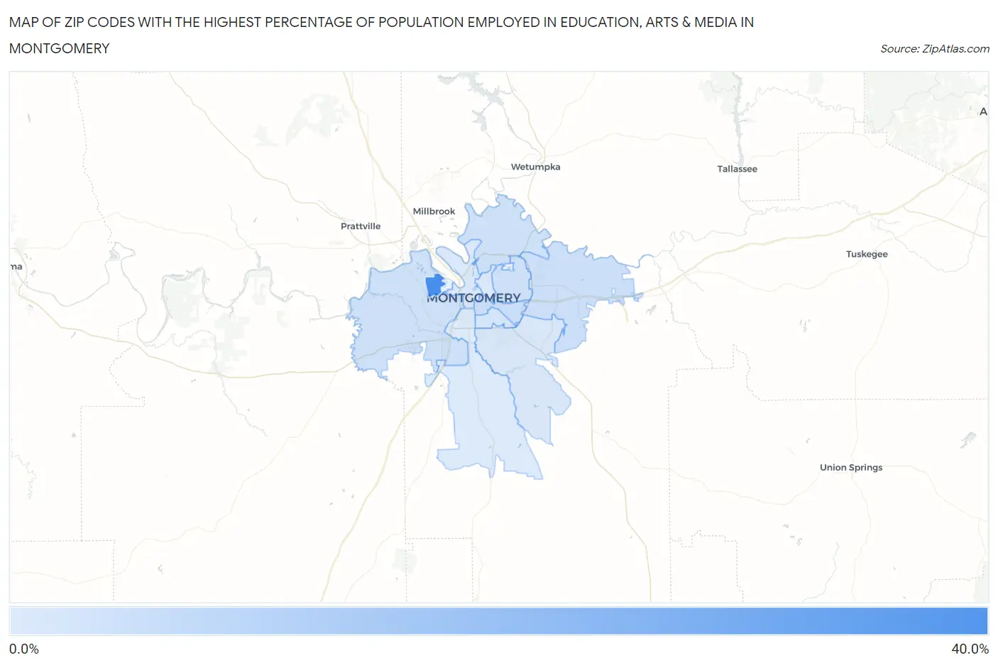 Zip Codes with the Highest Percentage of Population Employed in Education, Arts & Media in Montgomery Map