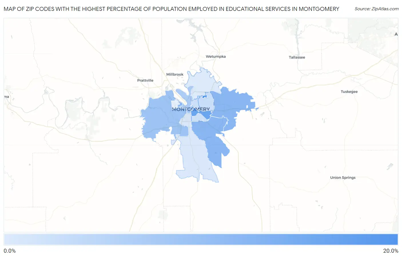 Zip Codes with the Highest Percentage of Population Employed in Educational Services in Montgomery Map