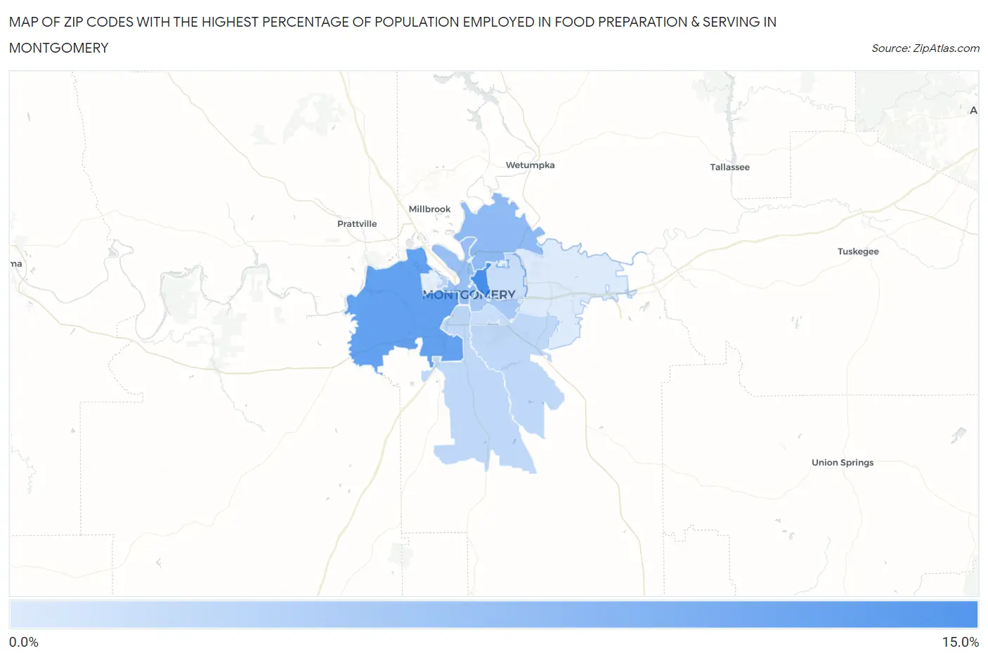 Zip Codes with the Highest Percentage of Population Employed in Food Preparation & Serving in Montgomery Map