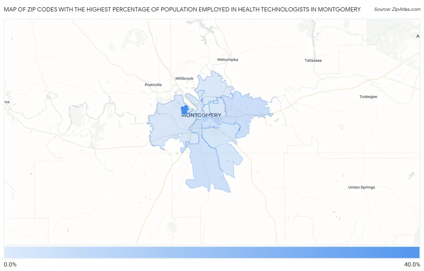 Zip Codes with the Highest Percentage of Population Employed in Health Technologists in Montgomery Map