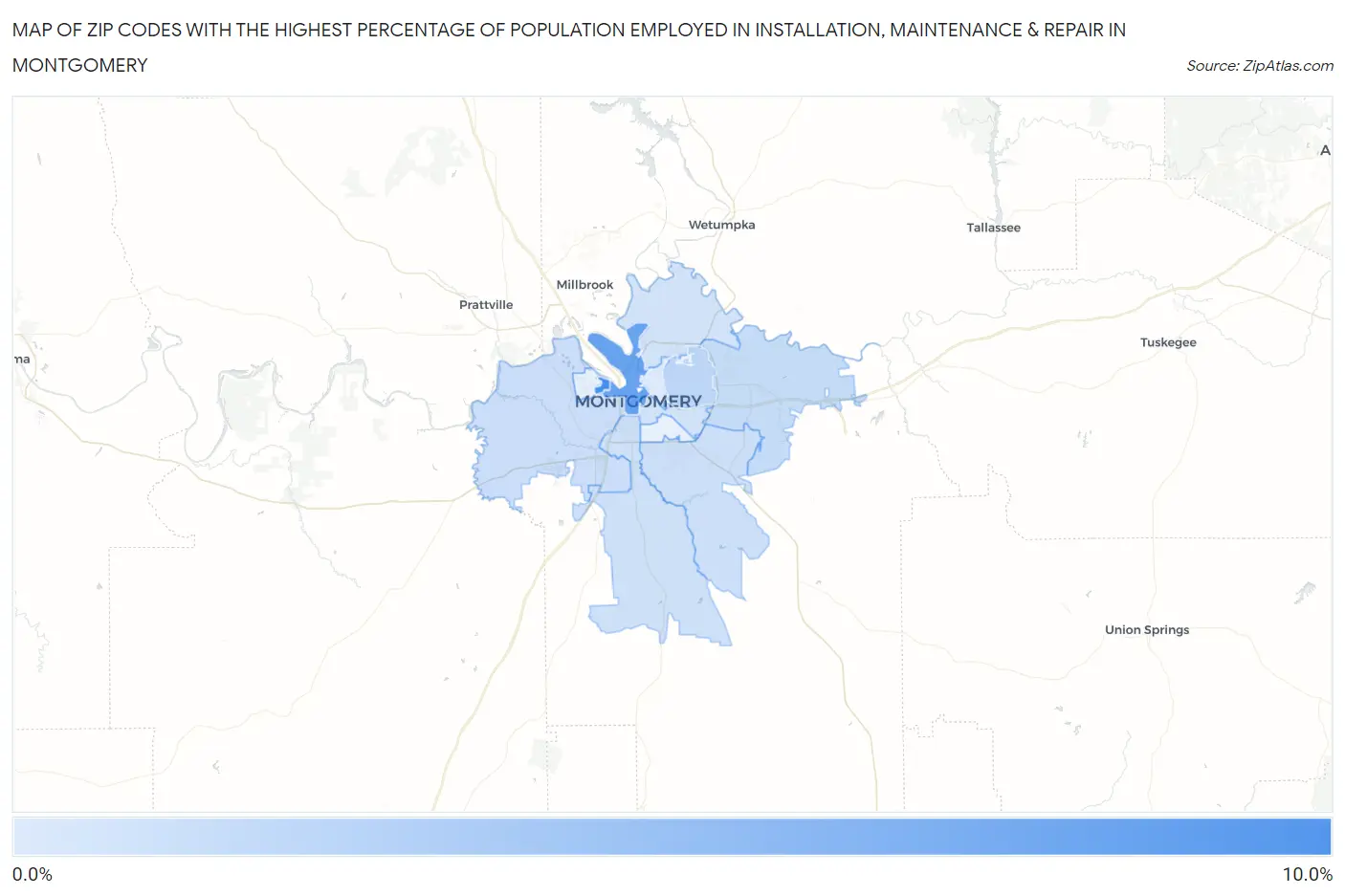 Zip Codes with the Highest Percentage of Population Employed in Installation, Maintenance & Repair in Montgomery Map
