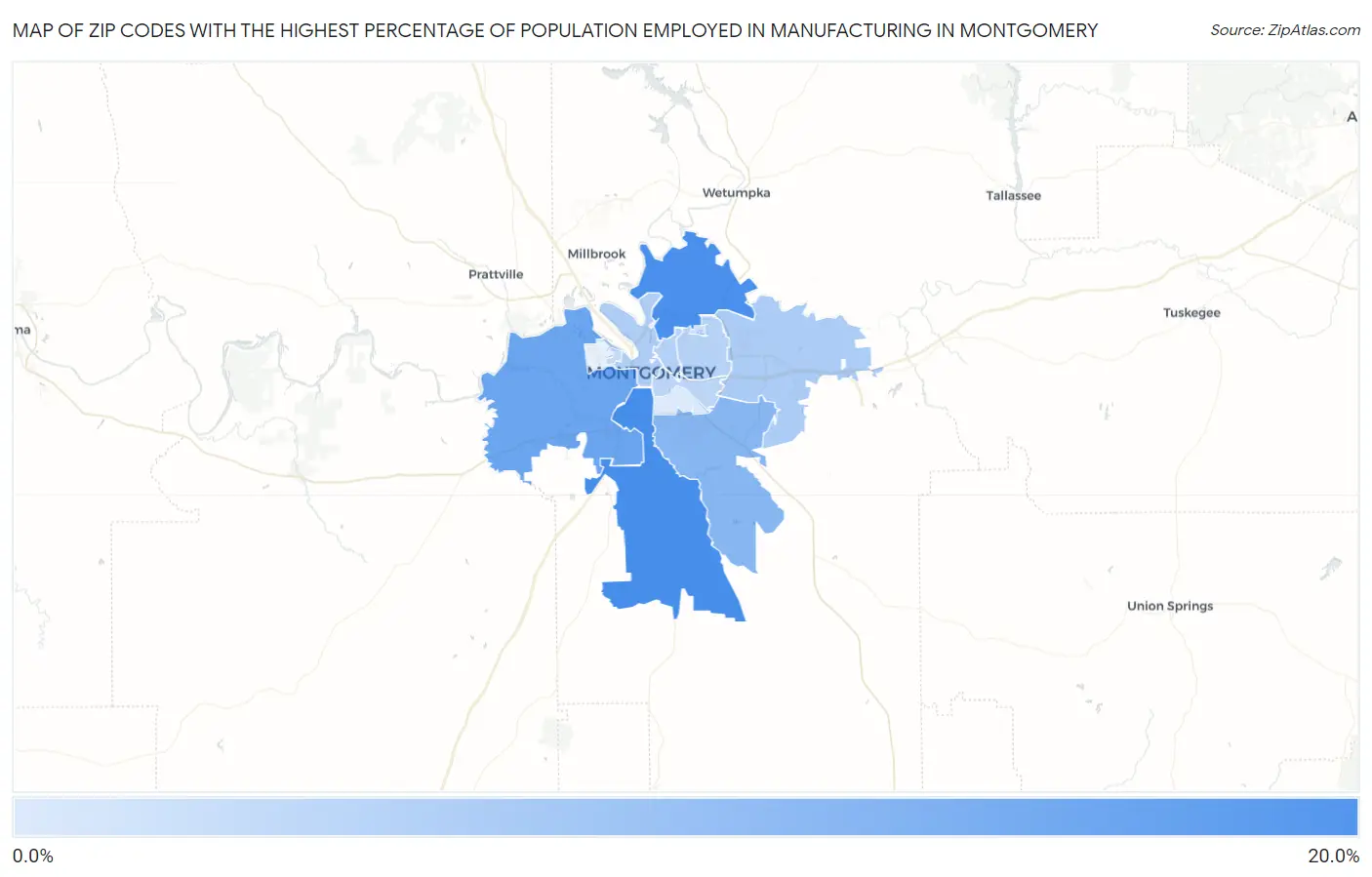 Zip Codes with the Highest Percentage of Population Employed in Manufacturing in Montgomery Map