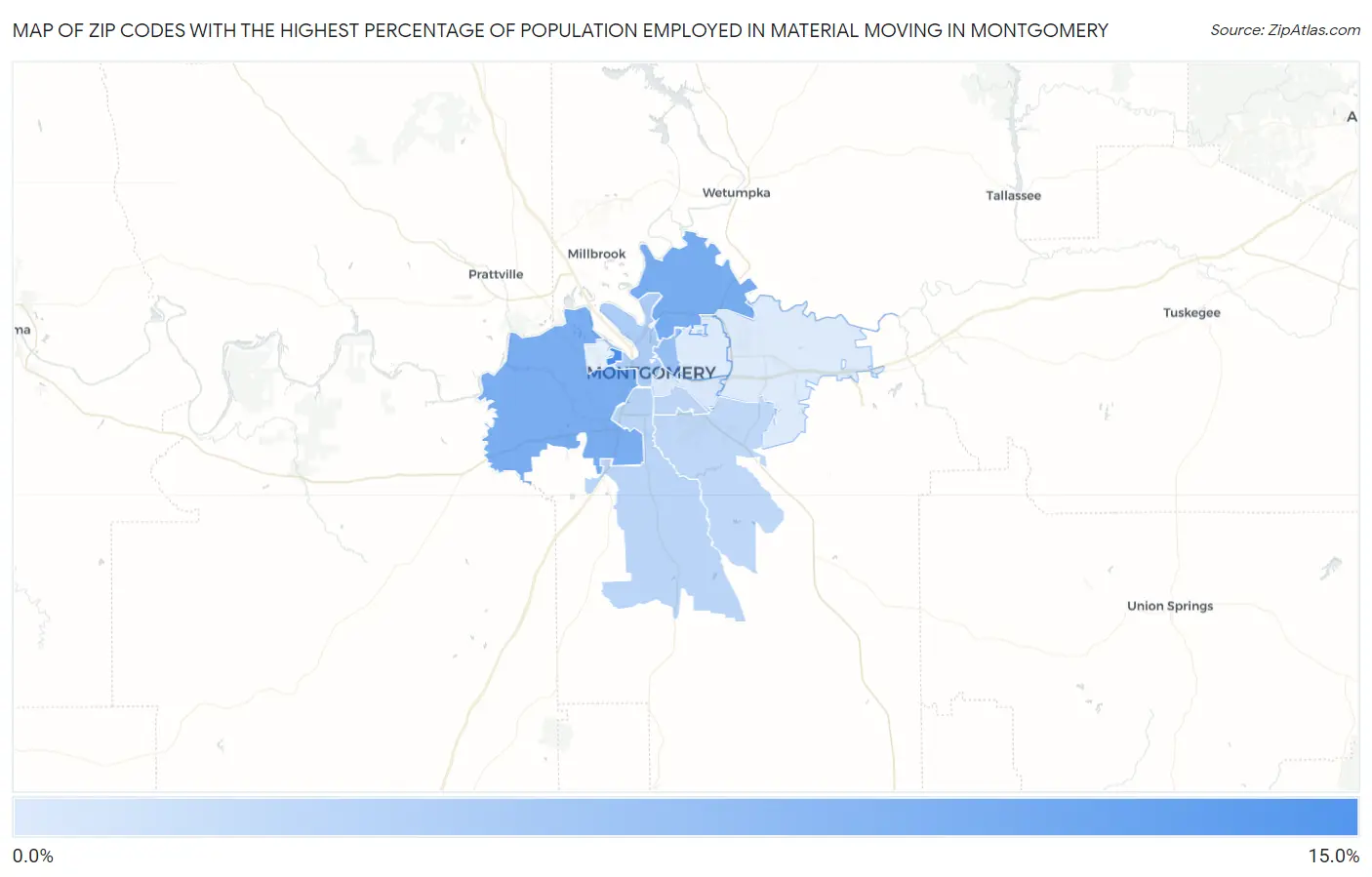 Zip Codes with the Highest Percentage of Population Employed in Material Moving in Montgomery Map