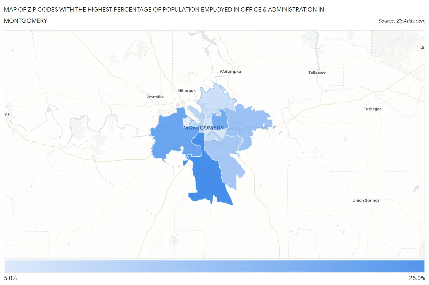 Zip Codes with the Highest Percentage of Population Employed in Office & Administration in Montgomery Map