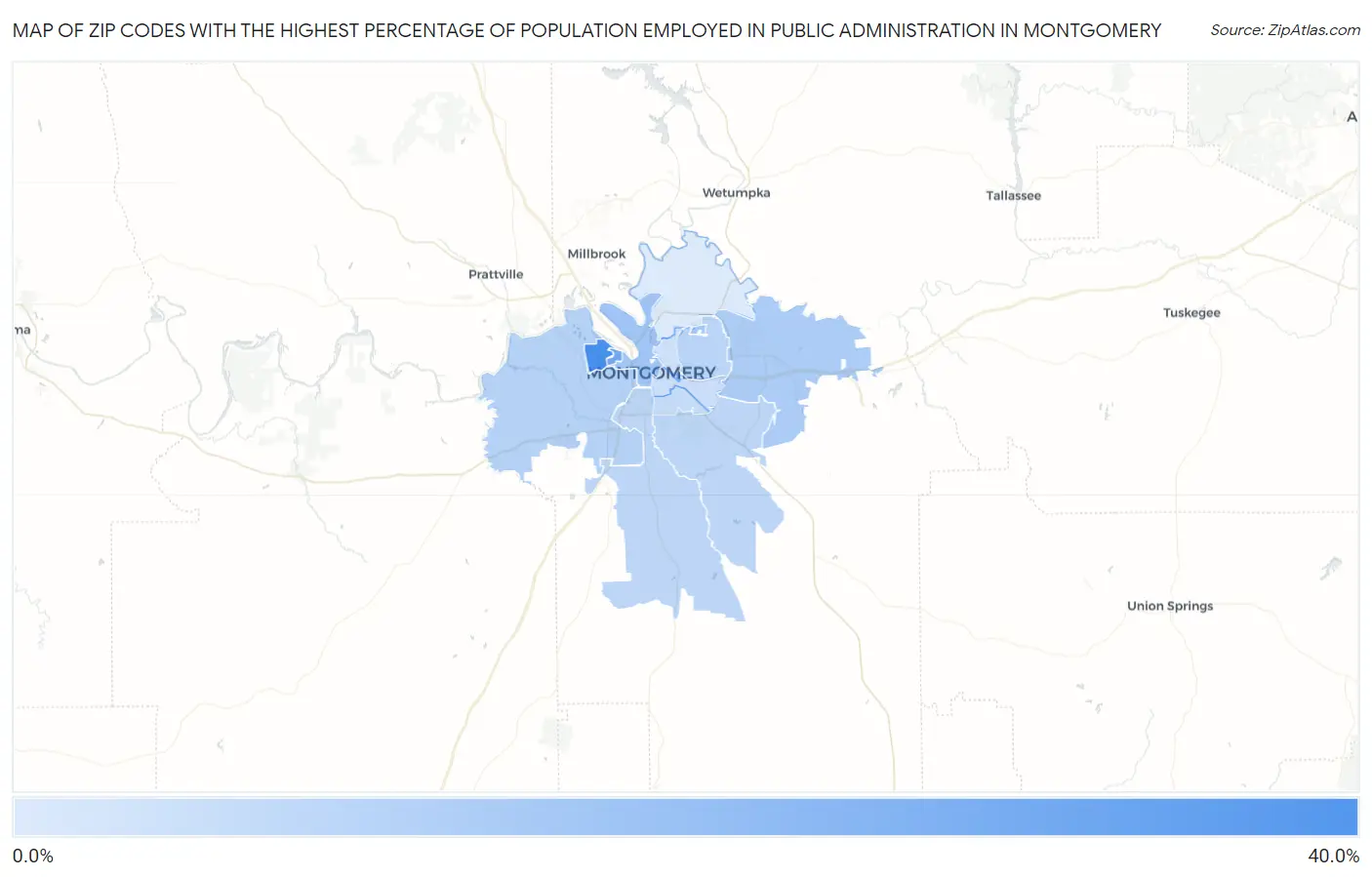 Zip Codes with the Highest Percentage of Population Employed in Public Administration in Montgomery Map