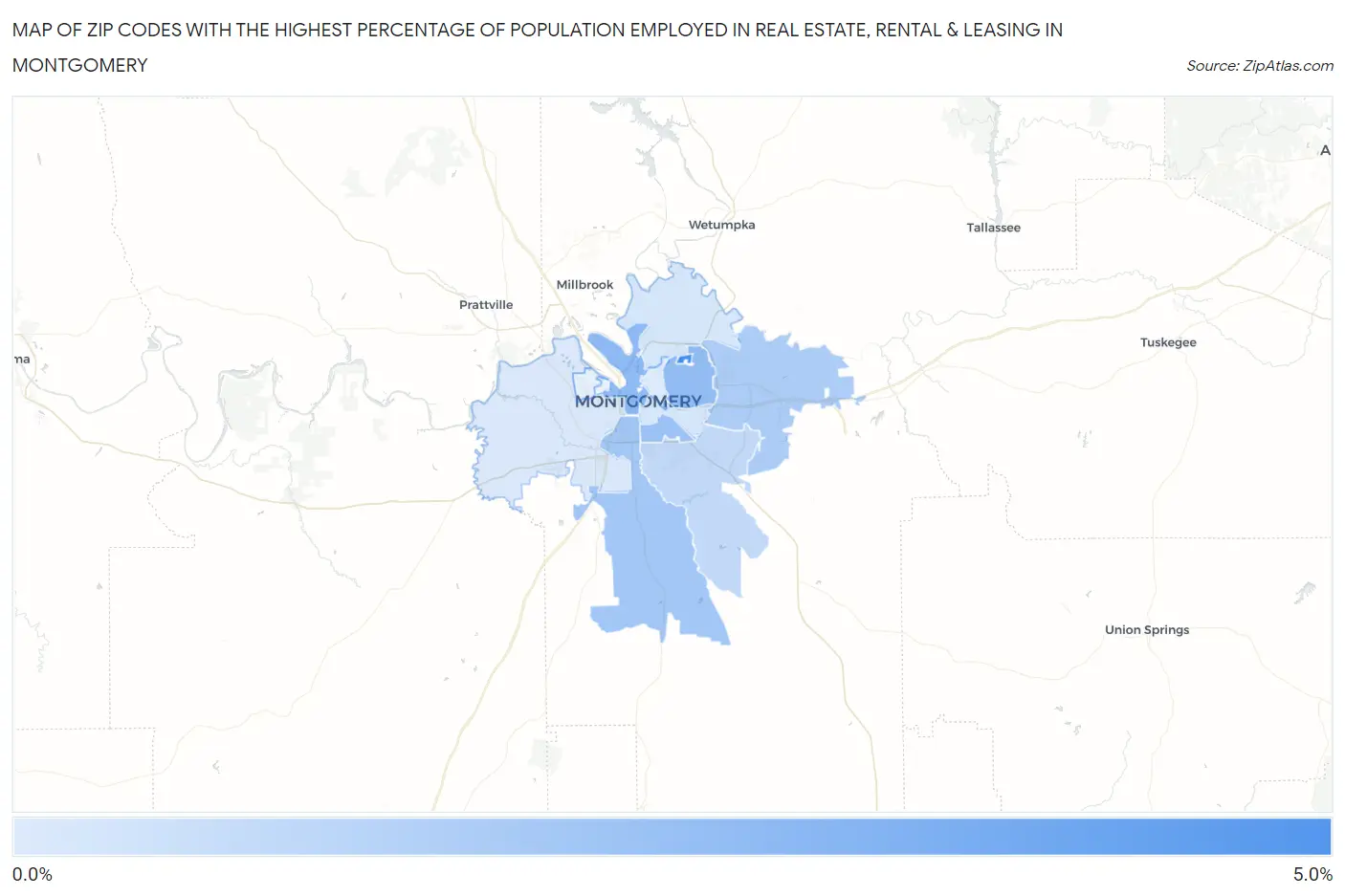 Zip Codes with the Highest Percentage of Population Employed in Real Estate, Rental & Leasing in Montgomery Map