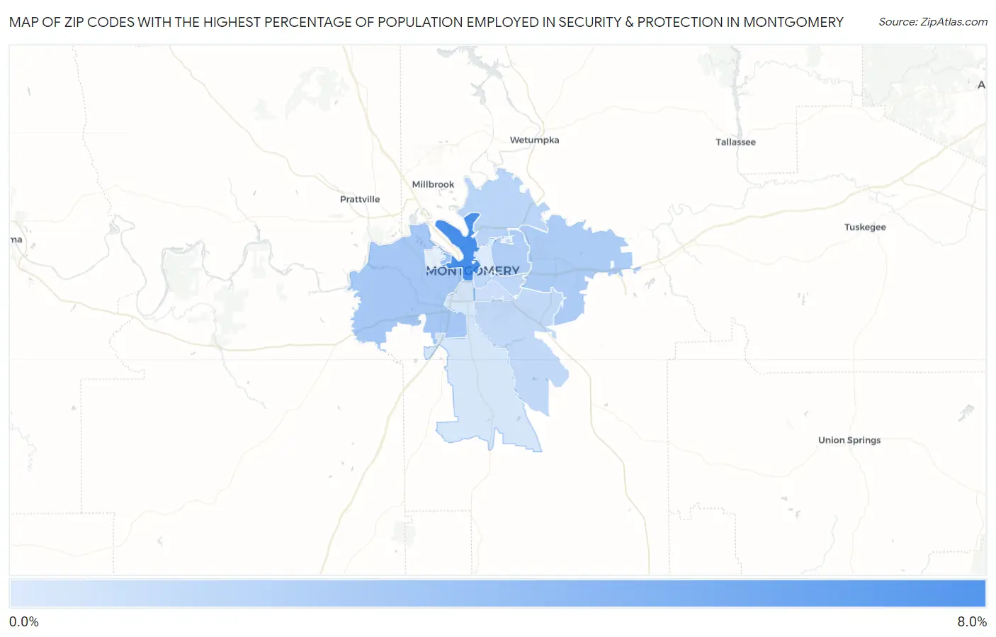 Zip Codes with the Highest Percentage of Population Employed in Security & Protection in Montgomery Map