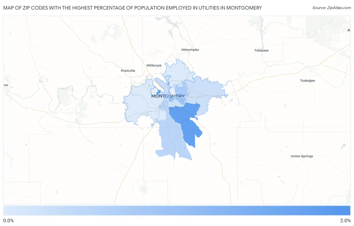 Zip Codes with the Highest Percentage of Population Employed in Utilities in Montgomery Map