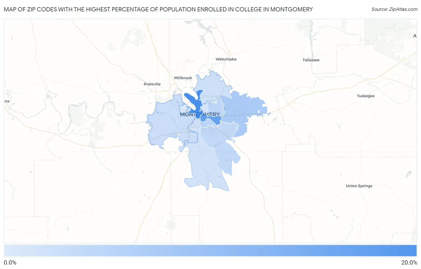 Zip Codes with the Highest Percentage of Population Enrolled in College in Montgomery Map