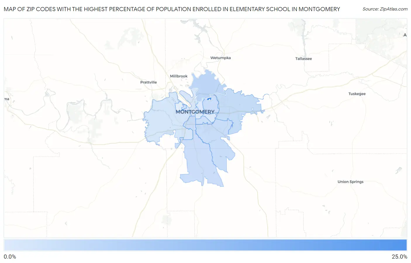 Zip Codes with the Highest Percentage of Population Enrolled in Elementary School in Montgomery Map