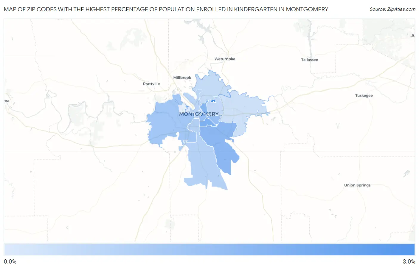 Zip Codes with the Highest Percentage of Population Enrolled in Kindergarten in Montgomery Map