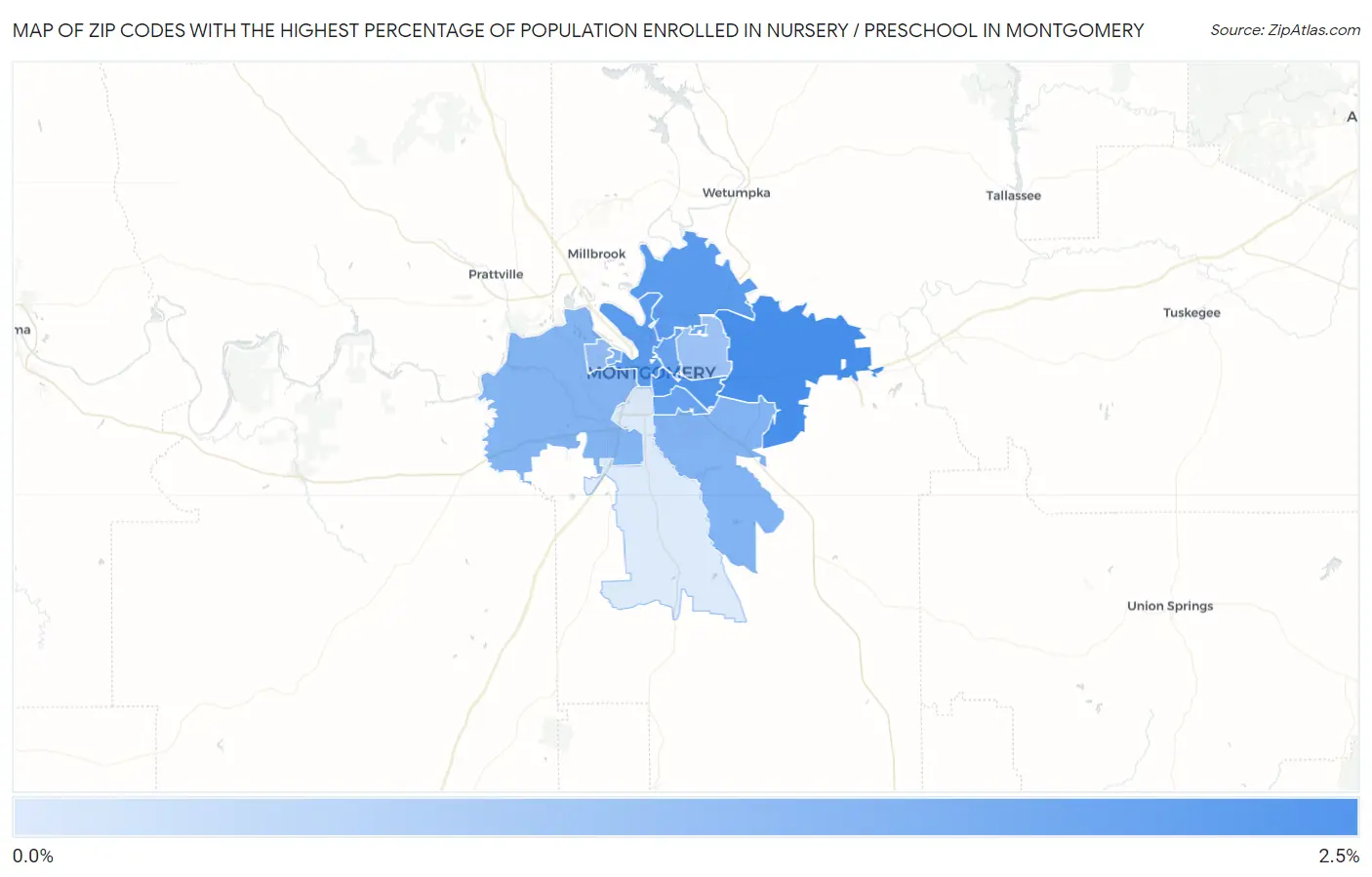 Zip Codes with the Highest Percentage of Population Enrolled in Nursery / Preschool in Montgomery Map