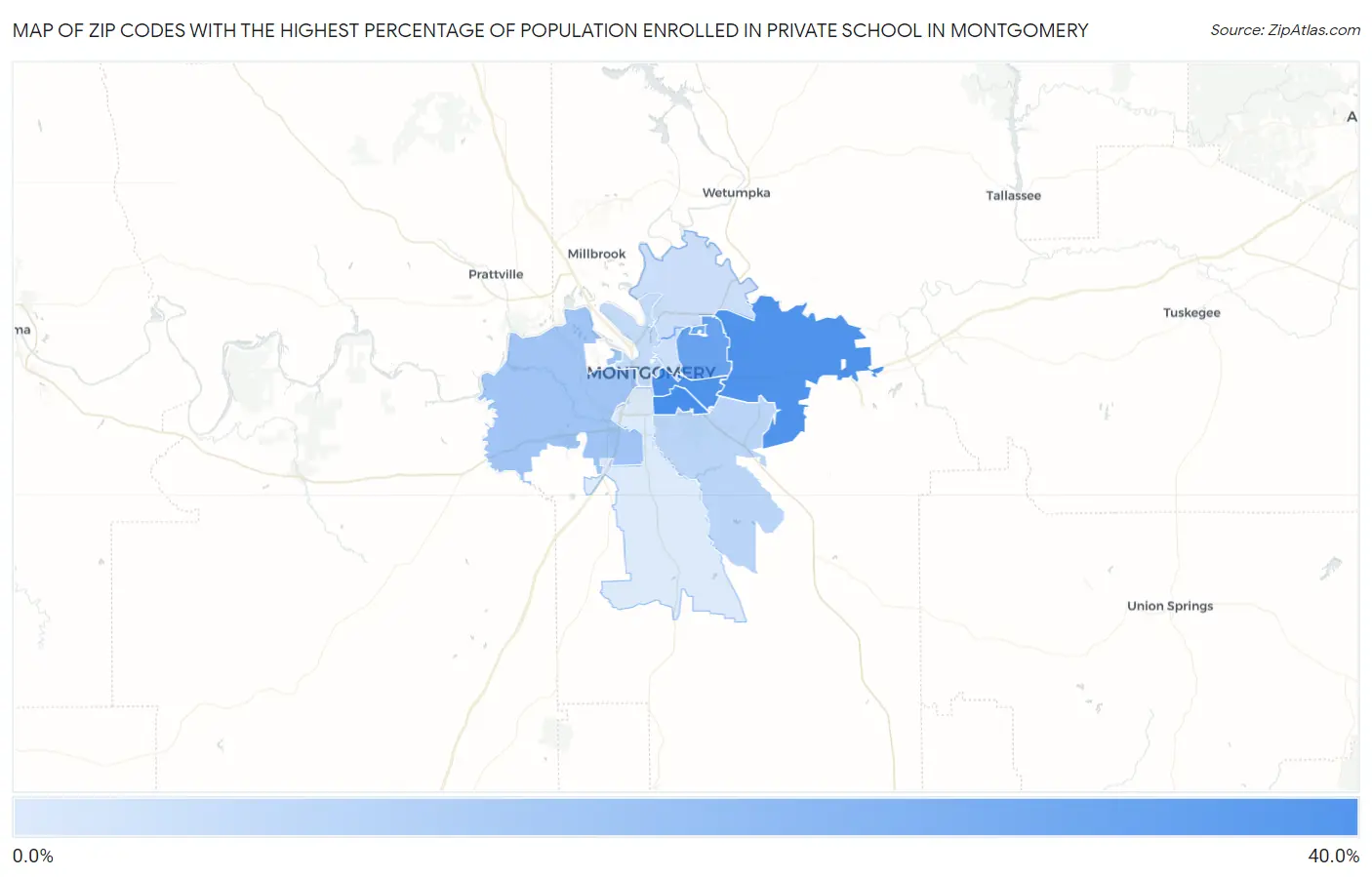 Zip Codes with the Highest Percentage of Population Enrolled in Private School in Montgomery Map