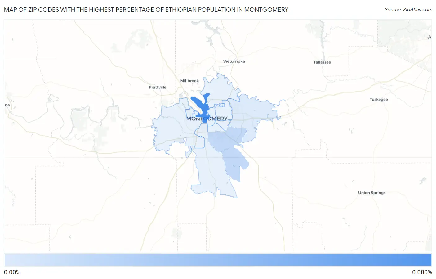 Zip Codes with the Highest Percentage of Ethiopian Population in Montgomery Map