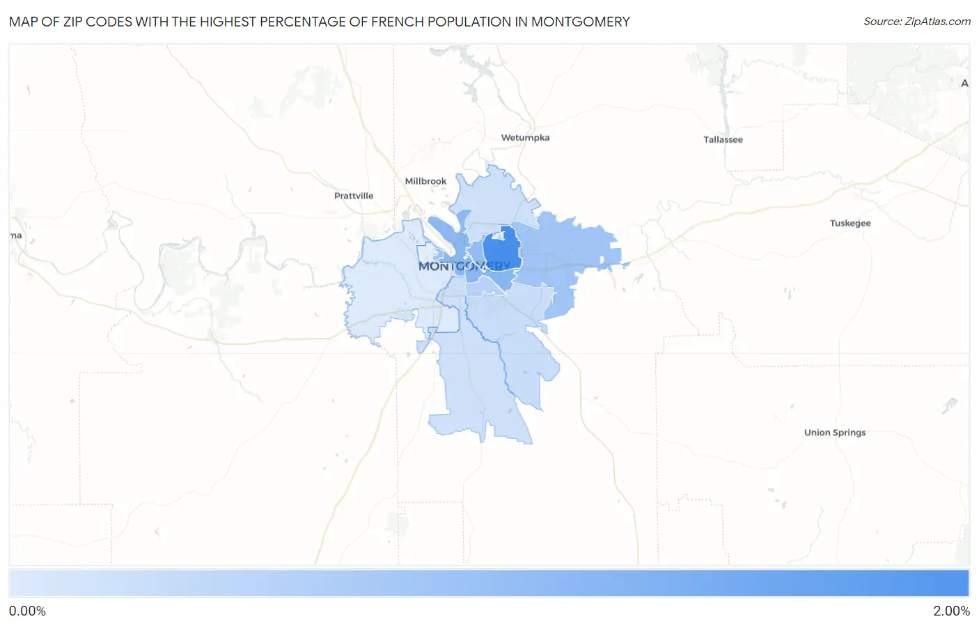 Zip Codes with the Highest Percentage of French Population in Montgomery Map