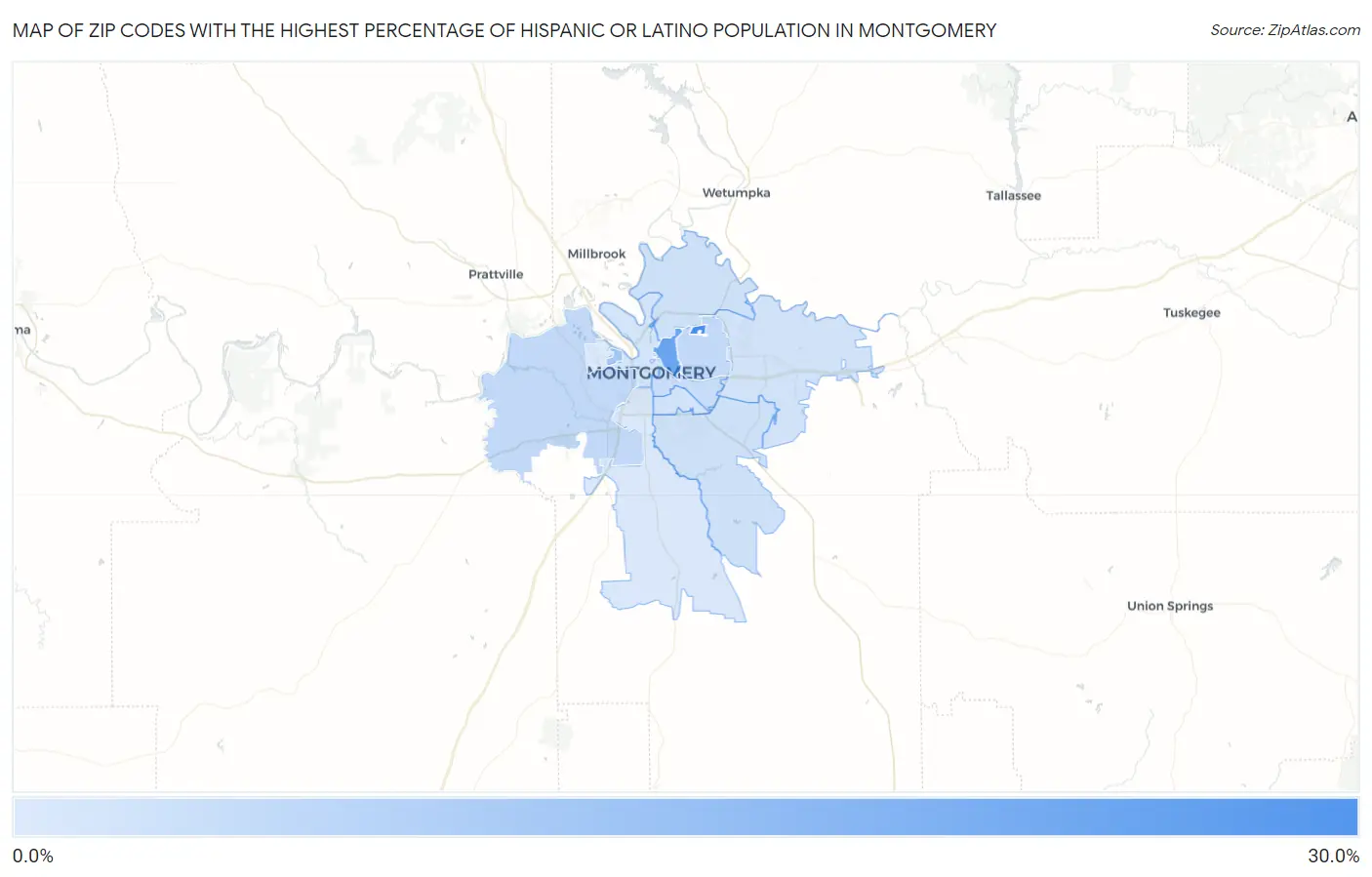 Zip Codes with the Highest Percentage of Hispanic or Latino Population in Montgomery Map