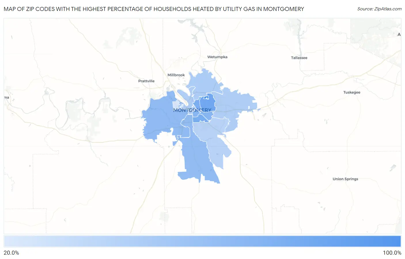 Zip Codes with the Highest Percentage of Households Heated by Utility Gas in Montgomery Map