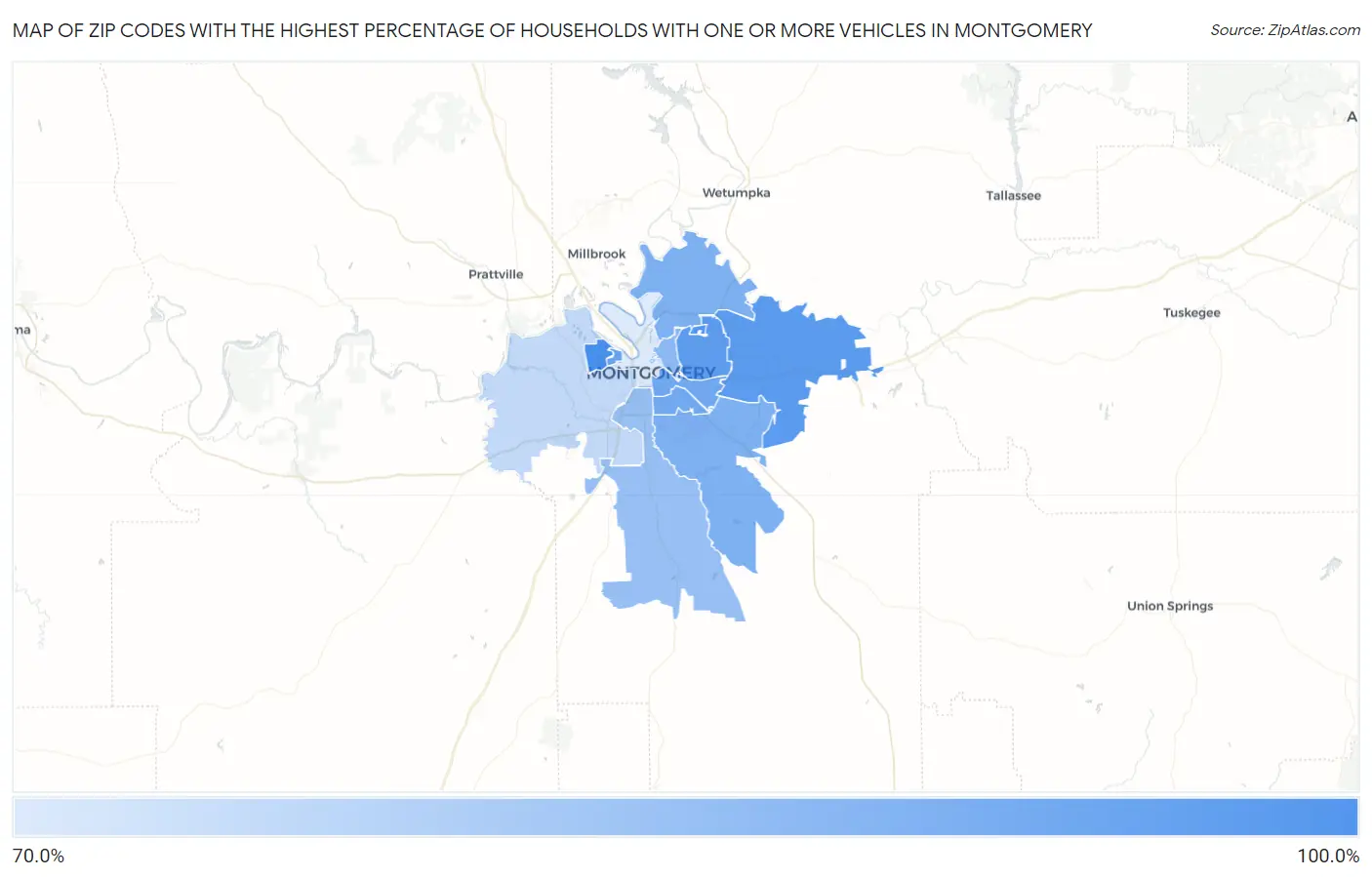 Zip Codes with the Highest Percentage of Households With One or more Vehicles in Montgomery Map