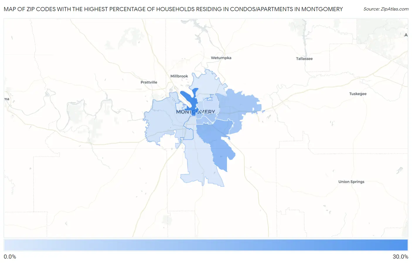 Zip Codes with the Highest Percentage of Households Residing in Condos/Apartments in Montgomery Map