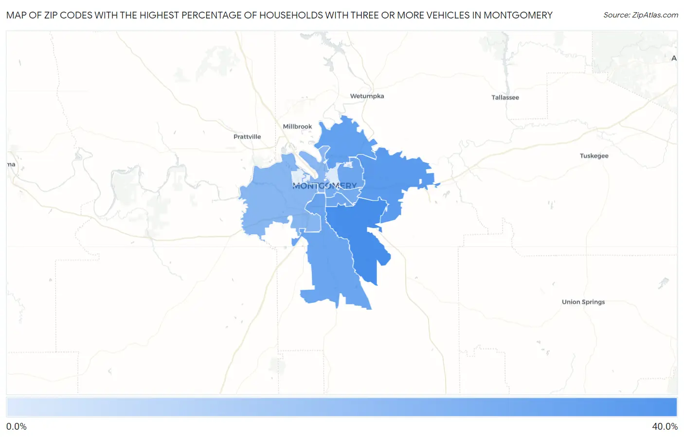 Zip Codes with the Highest Percentage of Households With Three or more Vehicles in Montgomery Map