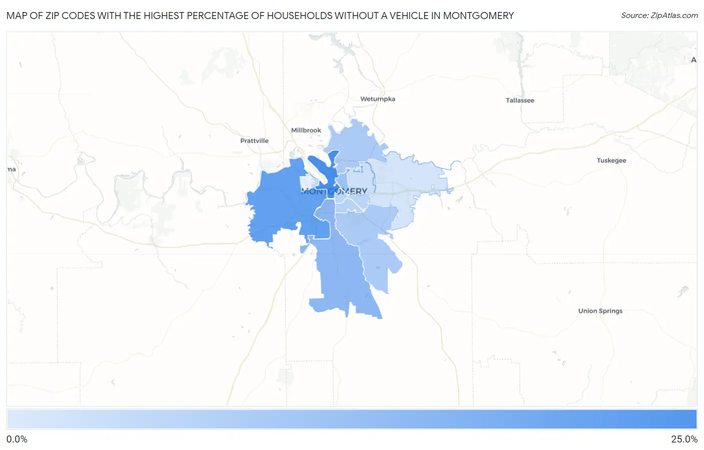 Zip Codes with the Highest Percentage of Households Without a Vehicle in Montgomery Map