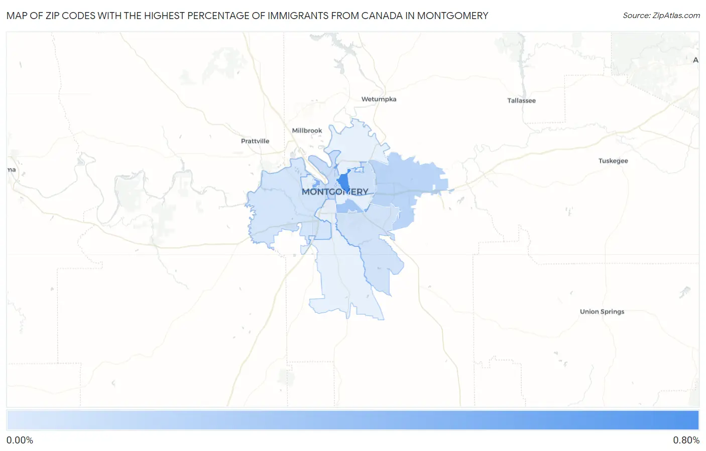 Zip Codes with the Highest Percentage of Immigrants from Canada in Montgomery Map