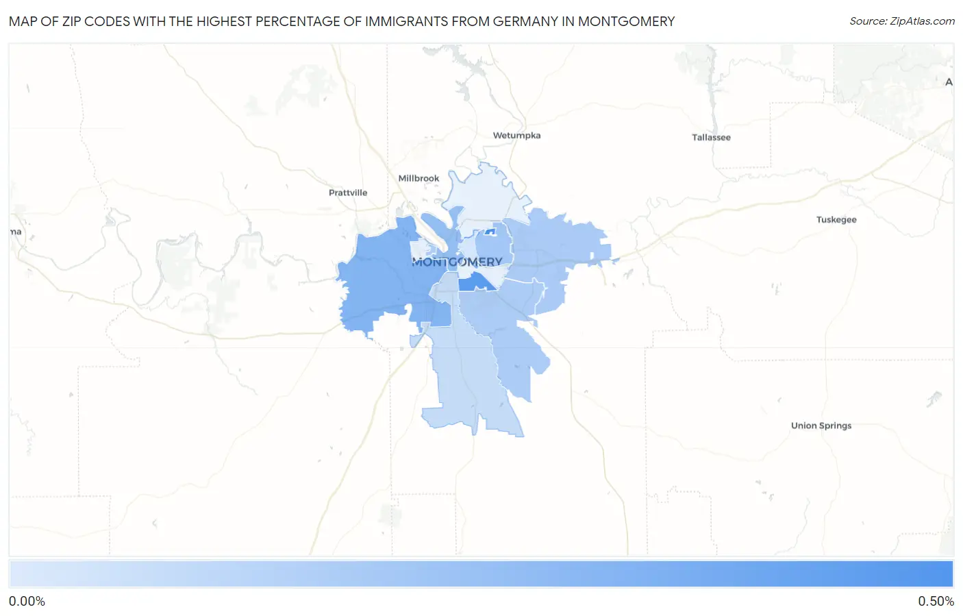Zip Codes with the Highest Percentage of Immigrants from Germany in Montgomery Map